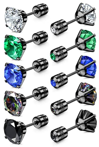 JeryWe 5 Pairs Titanium Earrings Women Men Screw Back Stainless Steel Stud Earrings, Rainbow 5A CZ Sleeper Stud for Sensitive Ears, Cubic Zirconia Studs Double Side Earrings Hypoallergenic