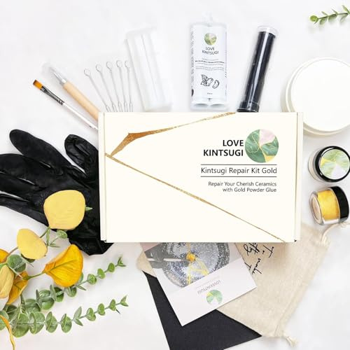 LAMXIN Bio Kintsugi Set - das Nachbearbeitete Geschirr von Kintsugi ist Spülmaschinenfest, Bio-Basis, Reparatur von Geschirr & Keramik & Vasen mit Goldleim, Japanische Reparatur Set-Kunsthandwerke