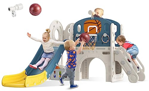BIERUM 9 in 1 Toddler Slide, Kid Slide for Toddlers Age 1-3 with Ring Toss, Basketball Hoop, and Telescope, Indoor Outdoor Playset Playground Blue Yellow
