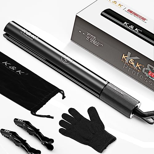 K&K Hair Straighteners for Women, Professional Straightener and Curler 2 in 1,100% Pure Titaniuam with Nano Ceramic Tourmaline Coating Plate, 130-230°C Dual Voltage Flat Iron UK Plug, Black
