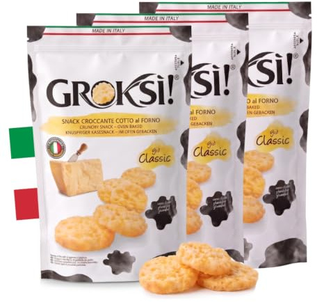GROKSi! Classico 3x 60g glutenfrei ohne Kohlenhydrate Snack aus Italien Käse Parmesan Cracker Protein Italienischer Hartkäse | insgesamt 180 g