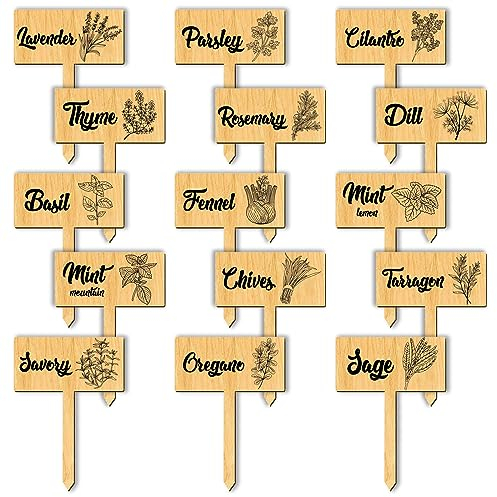 arricraft Etichette per Piante da 15 pz, Marcatori di Erbe in Legno Etichette Tipo T di Erbe Etichette da Giardino con Nome di Erbe Stampato Pali da Giardino in Legno per Erbe Aromatiche