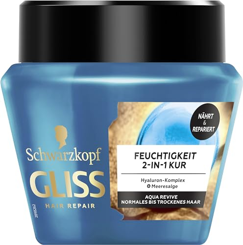Gliss Feuchtigkeit 2-in-1 Kur Aqua Revive (300 ml), Haarkur mit Hyaluron-Komplex & Meeresalge für ein mit Feuchtigkeit versorgtes Haargefühl, Haarmaske für normales bis trockenes Haar