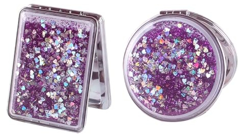 Lot de 2 miroirs pliants Double Face - Petits miroirs grossissants pliés - Miroir de Poche Compact à Paillettes - Miroir de Poche Portable - Miroir de Maquillage de Voyage - Violet