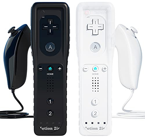 2 Sets Fernbedienung für Wii, Ersatz-Fernbedienung eingebauter Motion Plus Controller und Nunchuck (Schwarz Weiß)