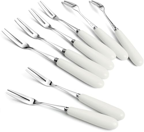 MEIYAHOME 8PCS 5.8inch 2-Tines Fruit Fork 18-10 Stainless Steel White Porcelain Handle Fine SUS304 Mirror polishing, afternoon tea Party Dessert Forks, Appetizer, Cocktail, Pastry, Cake, Salad (8)