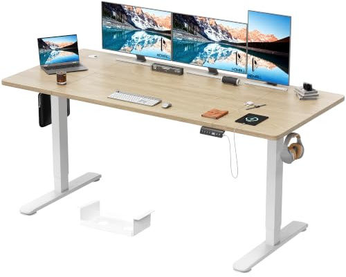 Homall 180x80cm Height Adjustable Standing Desk with USB Charging,Sit Stand Desk with Wire Management Tray, Stand up Table Heavy Duty Steel with 3 Memory Setting,Beige