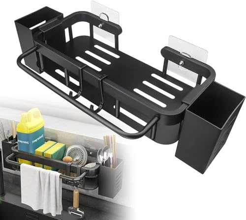 DGHOME Sink Tidy, Stainless Steel Kitchen Sink Organiser with 2 Chopsticks Holder, 1 Towel Rack and 2 Hooks, Hanging Use, Black