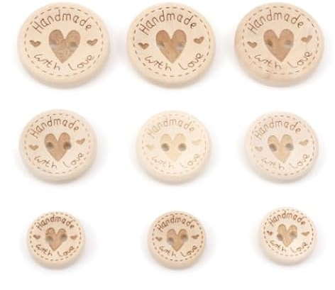 100 Holzknöpfe natur handmade with love, in den Größen 25mm, 20mm und 15mm (ca. 34 Stück von jeder Größe) rund, 2-Loch Knopf Knöpfe zum aufnähen annähen Zweilochknöpfe 2-Loch