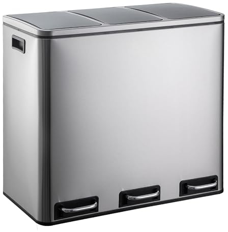 casa pura Abfalleimer Felix | Edelstahl Mülleimer mit Pedal | 2 fach Mülltrennsystem für Küche und Büro | 30 oder 60 Liter | Trend Farben zur Auswahl (Silber, 3 x 18 Liter)