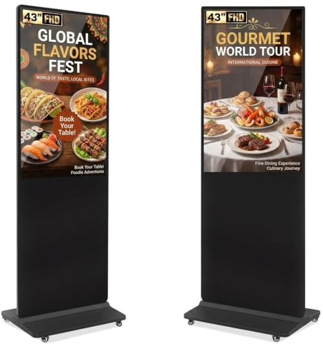 YCKJNB 43 Digital Signage Display Kiosk, FHD 1080P Freestanding LCD Advertising Screen with 4 Wheels, 450 Nits Commercial Digital Poster with WiFi/HDMI/USB, Android OS for Retail & Malls