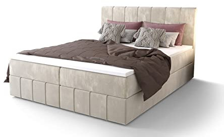 PAMIR Boxspringbett 140x200 Schlafhöhe 45cm mit Bettkasten und einem leichten Öffnungsmechanismus ausgestattet 20cm Bonell-Feder Matratzen und T30-Schaum Doppelbett mit Matratze und Topper Baham Creme
