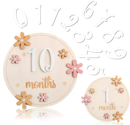 Beeveer Baby Monthly Milestone Cards with 11 Interchangeable Number Set of 12 for Baby Growth Recording Daisy Wooden Bohemian Milestone Blocks Months Signs Photo Props