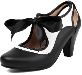 elerhythm Mary Jane Two Tone Lace Up Chiuso Punta Rotonda Vintage Tacchi Gatsby 1950 décolleté anni '20 vittoriane Retro Scarpe, Nero , 37 EU