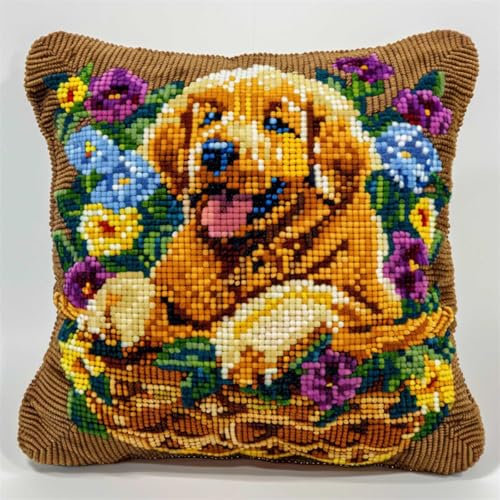 RKFLGEW DIY knüpfen set erwachsene Golden Retriever Tier knüpfkissen Hund und Blumenkorb DIY-Kissenbezug，Häkelgarn，Nadel，Basteln，handgefertigtes Kissen für Zuhause，Sofa-Dekoration 43x43cm