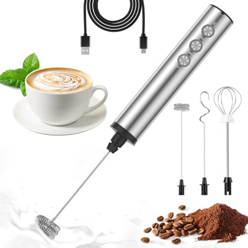 MOSUO Electric Milk Frother, USB Rechargeable Milk Frother Stick with Double Whisk, 3-Speed Handheld Milk Frother, Mini Electric Mixer Made of Stainless Steel for Coffee/Latte/Cappuccino