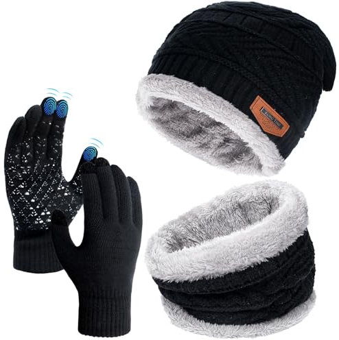 Winter Warm Mütze, Schal & Handschuh-Sets für Damen Herren, Winter Beanie Mütze, Touchscreen Handschuhe, Winter Warm Loop Schal mit Fleece Gefütterte, Geschenk Damen Herren Weihnachten (Schwarz)