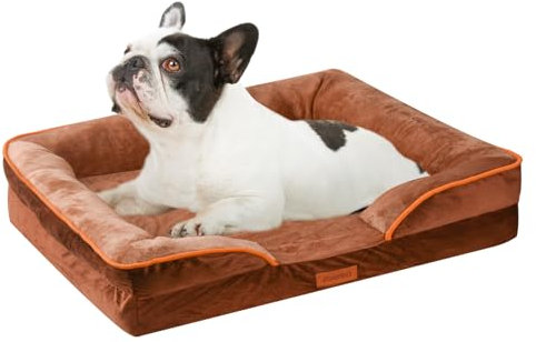 AUSCAT Medium Orthopedic Dog Bed, Memory Foam Dog Bed with Waterproof Lining, Three-Sided Bolster Cushion with Washable Removable Cover, 70L x 58W x 18H cm, Seat Size: 49x48cm, Brown