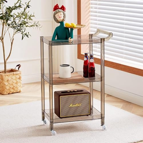 Barwagen mit 3 Etagen, Acryl, mit Rollen und Griff, transparenter Beistelltisch, Aufbewahrungsregal, Organizer, multifunktional, mobiles Weinregal, Servierwagen für Küche, Esszimmer, Wohnzimmer, Grau