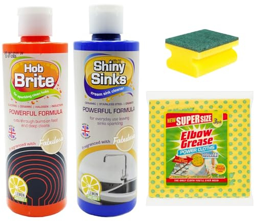 Hob Brite and Shiny Sinks, Hob Cleaner Cleaning Kit, Sink Cleaaner With Scourer and Power Clothes Lemon Scent