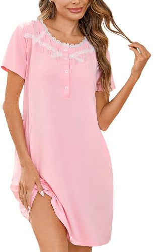 Litherday Camicia da Notte Donna Manica Corta Cotone Camicia da Notte Estiva Sexy Scollo a Pizzo Bottoni Davanti Vestito da Notte Pigiami Donna con Tasche