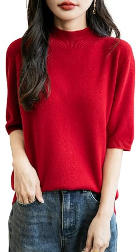 Chanyarn Donna 100% Lana Merino Manica Corta Maglione 2025 Primavera Estate Inverno Morbido Collo a Lupetto Senza Cuciture Maglia Maglione (Red,M)