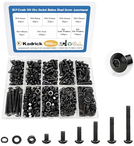 Kadrick 595Pcs M4 Screw Assortment,Machine Screws with Nuts Washers, Grade 10.9 Alloy Steel Hex Socket Button Head Black M4 Bolts Kit,Lenth Form 6mm-30mm