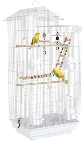 PawHut Bird Cage for Budgies, Finches, Canaries w/Accessories, Toys, Tray, Handle, 46 x 36 x 100cm -White