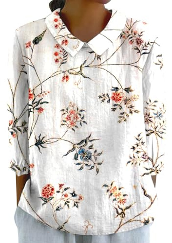 Donna Camicetta in Lino Cotone Oversize Primavera Leggero Camicie in Cotone Elegante Casual Estive Girocollo Scollo Maglietta Moda Tinta Unita Classica Maglia Tees Maniche 3/4 con Bottoni Ufficio Top