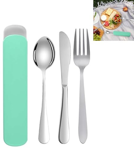 MZOYOURO Juego de 3 cubiertos de camping reutilizables de acero inoxidable con estuche, prácticos cubiertos de viaje con estuche para exteriores, camping y pícnic, robustos del ejército alemán