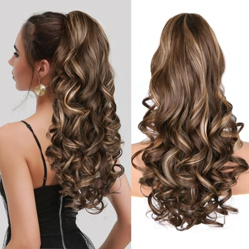 24 Inch Ponytail Extension, Claw Clip Ponytail Hair Extensions, Long Curly Clip in Ponytail Hair Extensions, Synthetic Layered Pony Tail Hair Pieces for Women (Chestnut Brown With Golden Highlights)
