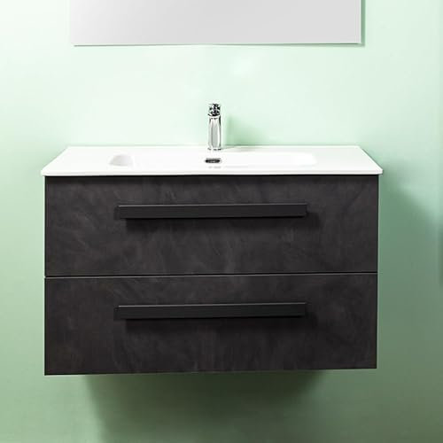 Yellowshop | Mobile Bagno Sospeso 90 cm LIRIO Cemento Scuro – 2 Cassetti Soft Close, Lavabo Ceramica, Design Moderno e Salvaspazio (Mobile con Lavabo)