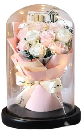 CH HIUBIE Campana in vetro con rose stabilizzate, regalo romantico per te, personalizzabile, con illuminazione, biglietto di auguri (regalo per diverse occasioni) (9 rose rosa)