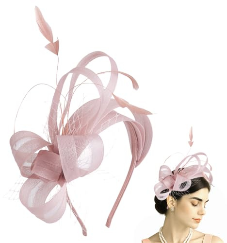 AHANDMAKER 1 Stück Fascinator Stirnband Mit Feder Für Frauen Tea Party Fascinator Hüte Vintage 50er Set Kopfbedeckung Für Hochzeit Church Derby Cocktail Kleiderparty Karnevalskostüme Rosa