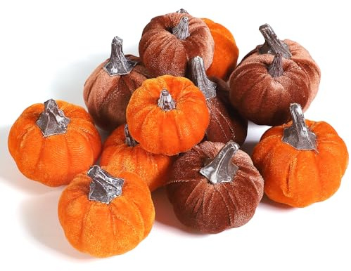 LEUCHTAMOR 12pcs Artificial Fabric Pumpkins 2 Sizes Fake Velvet Pumpkin Orange Brown Fall Harvest Pumpkins for Halloween Autumn Harvest Festival Home Table Decor