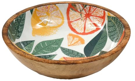 Carousel Home White Citrus Zest Wooden Enamel Bowl | Mango Wood Salad Fruit Bowl | Decorative Serving Dish - 25cm