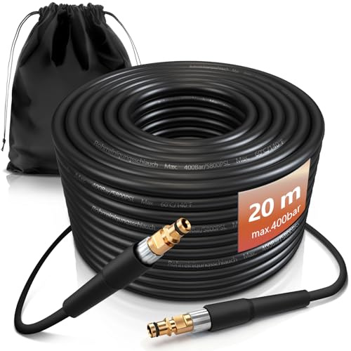Juego de manguera de limpieza de tuberías de 20 m, 400 bar, 60 °C, compatible con K2-K7, juego de limpieza de tuberías de alta presión con bolsa, limpieza eficaz de tuberías y desagües