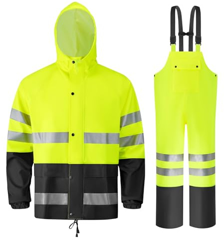 Crivce Rain Suits for Men Waterproof Heavy Duty,Reflective Rain Gear Jacket and Bib Overalls for Outdoor Fishing Construction Yellow XL