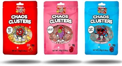 3x Chaos Clusters Gummie – Amerikanische Süßigkeit | Fruitstorm, Grape & Strawberry, Mixed Berries | 3x 85g