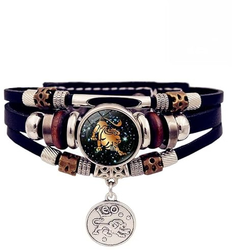 HUIANGLIYG Zartes Sternzeichen-Armband Für Damen Und Herren Mit 12 Leuchtenden Sternzeichen, Mehrlagig Geflochtenem Schwarzem Leder Und Rundem Sternbilder-Anhänger In Münzform.