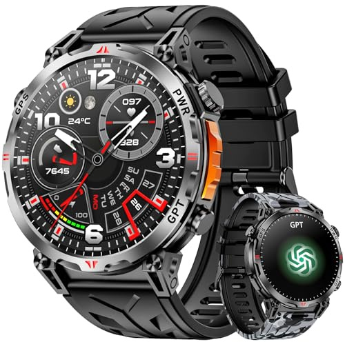 Mingdaln Militärische Smartwatch mit GPS, Smartwatch mit GPT-Sprachassistent, 1,56-Zoll-AMOLED-Bildschirm für Männer, kompatibel mit Android und iOS (Bluetooth-Beantwortung/Wählen) (Schwarz)