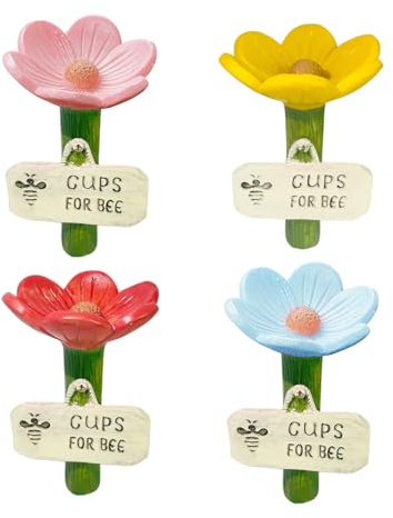 Flower Shaped Bee Cup for Garden, 4 Pack Bee Watering Station, Shallow Trough Bees Water Dispenser with Ground-Mounted Base, Multifunctional Garden Decoration Bees Drinking Tool for Lawn Patio Farm