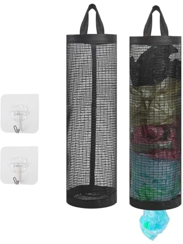 2 Pcs Plastic Bag Holder, Carrier Bag Storage with 2 Pcs Sticky Hooks, Mesh Hanging Grocery Carrier BagHolder for Home