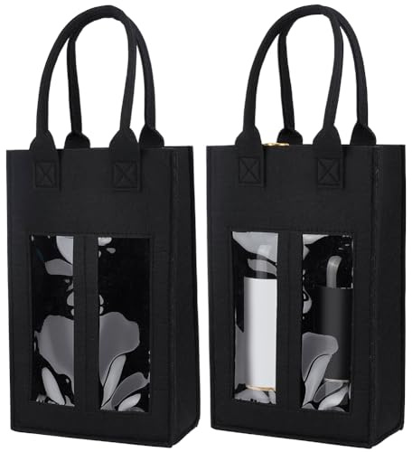 BENECREAT 2er Set Schwarze Weintasche mit Fenster Doppeltasche, Filz Weinflaschen Taschen, Filz Flaschen Geschenktasche mit Griffen für Hochzeit Geburtstag Party Weihnachten Feiertage, 340x205mm