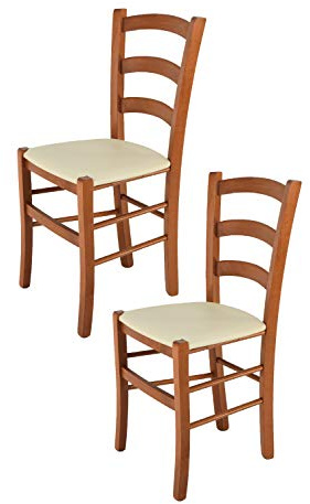 t m c s Tommychairs - Set 2 sillas Venice para Cocina y Comedor, Estructura en Madera de Haya Color Cerezo y Asiento tapizado en Polipiel Color Marfil