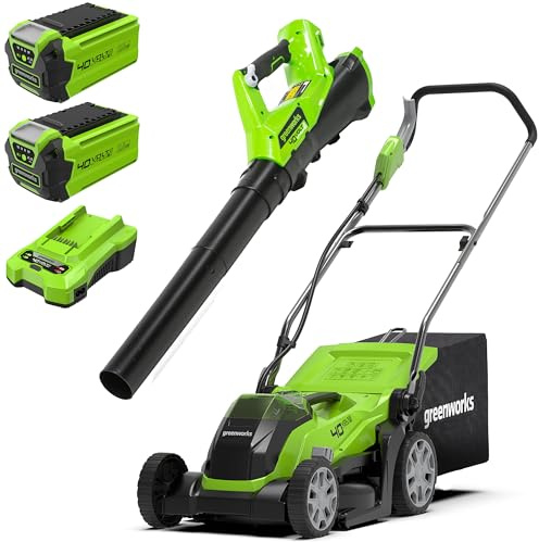 Greenworks Lawnmower G40LM35 and Leaf Blower G40AB (Li-Ion 40V 35 cm Cutting Width 500 m² 40l Grass Collector) 177 km/h Air Speed Speed Speed Control with 2 Batteries 2 Ah & Charger