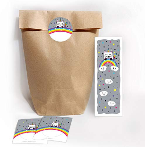 8 Lesezeichen + 8 Geschenktüten/natur + 8 Aufkleber Einhorn Katze Mitgebsel Gastgeschenk beim Kindergeburtstag Mädchen