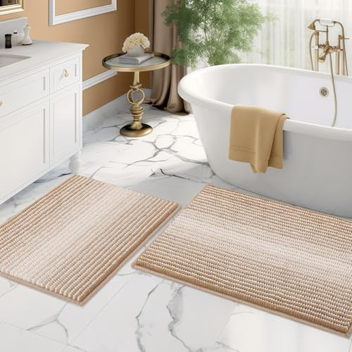 BSICPRO Bathroom Rugs and Mats Sets, 2 Piece Thick Absorbent Chenille Bath Mat Rug Set Non Slip, Soft Shaggy Bath Room Floor Mats for Bathroom, Machine Washable (20 x 32 Plus 16 x 24, Beige)