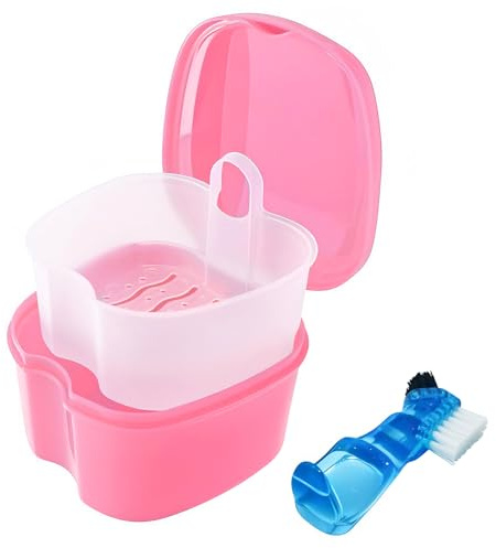 Keedolla Denture Cleaning Case Orthodontic Dental Retainer Container,Denture Holder Case Retainer Soaking Cups for Travel, Camping, Office - Pink