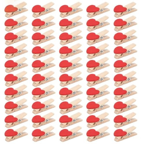 50pcs Mini Pinces à Linge en Bois, Petites épingles à Linge avec Coeur Rouge pour l'affichage de Photos en Papier, décor de fête de Mariage